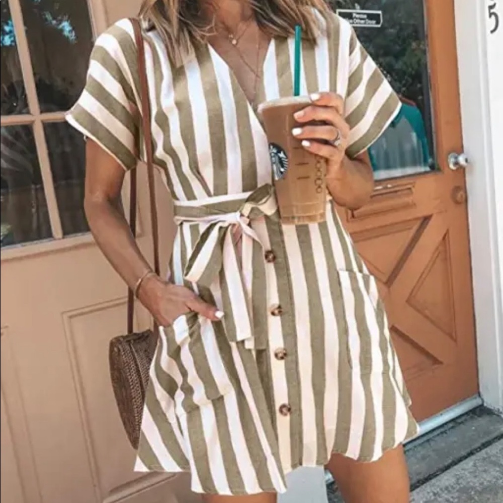 NWT Oeuvre Women's A Line Dress Short Sleeve Pockets Striped Beige/White Size L